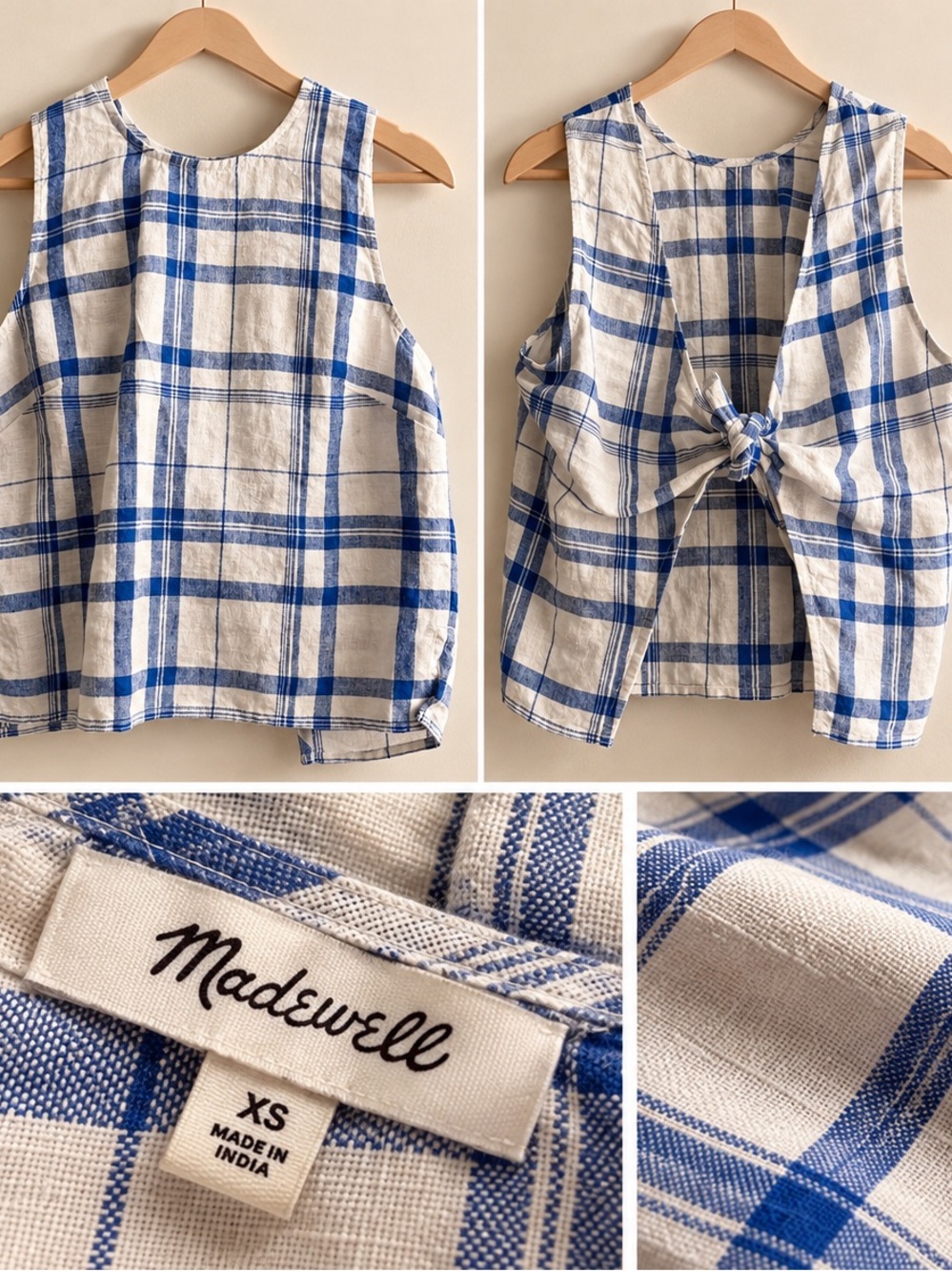 Madewell White & Blue Plaid Tie-Back Linen Tank